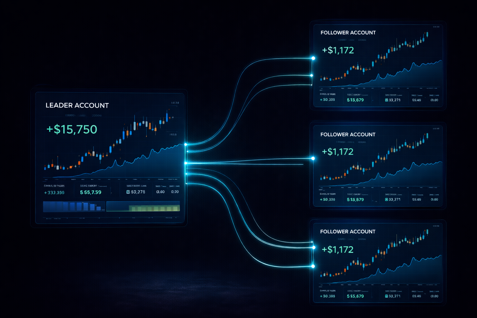 Copy trading lets you mirror one leader account across multiple funded accounts automatically