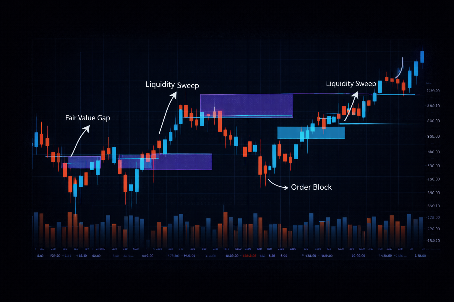 ICT concepts like fair value gaps, order blocks, and liquidity sweeps mapped on a futures chart
